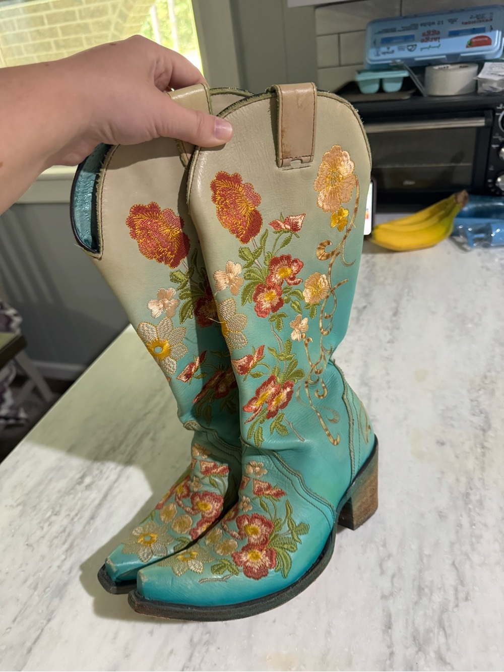Corral Turquoise Embroidered Floral Western Cowgirl Snip Toe Leather Boots 6.5 - Picture 2 of 8